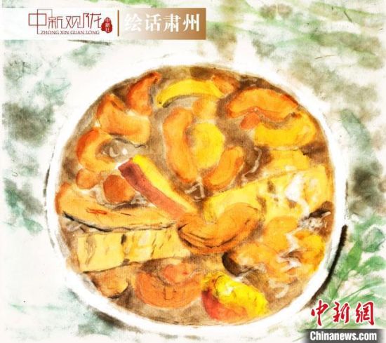 圖為酒泉美食“糊鍋”繪畫作品。　杜興彥 攝
