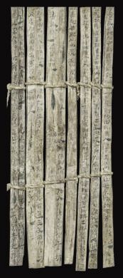 漢簡(jiǎn)《康居王使者冊(cè)》。此簡(jiǎn)記載了西域康居國(guó)使者前來(lái)“進(jìn)貢”駱駝，抵達(dá)敦煌遇到不公后反映問(wèn)題，朝廷受理解決的經(jīng)過(guò)。新華社發(fā)（甘肅簡(jiǎn)牘博物館供圖）